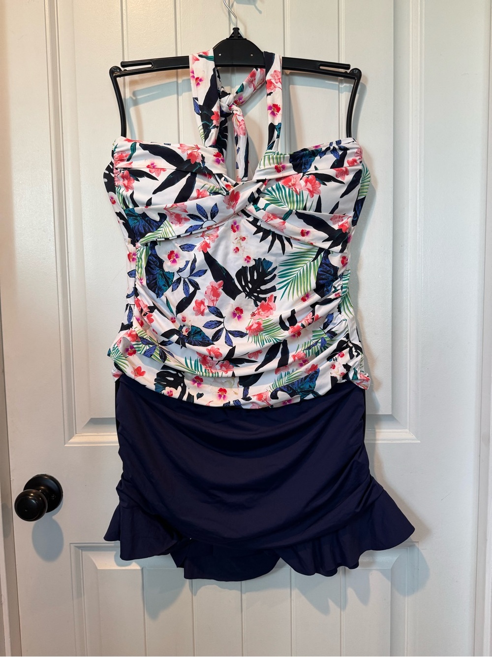 Tropical Floral Halter Tankini  with Navy Skirt
